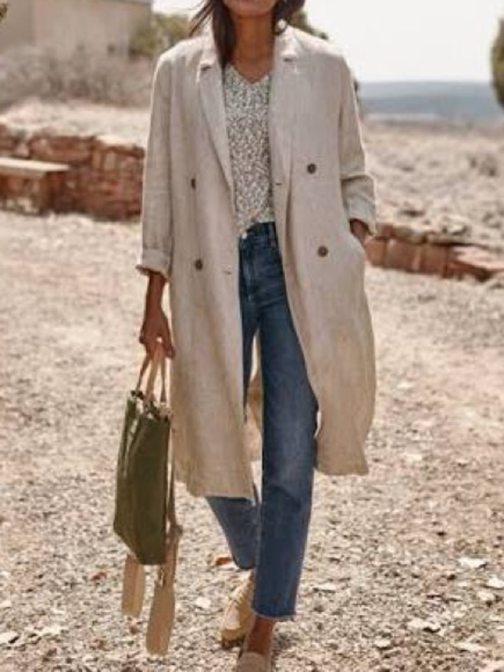 MAKE OFFER - H&M Taupe Beige Double-Breasted Linen Feel Drapey Trench Coat Y2K